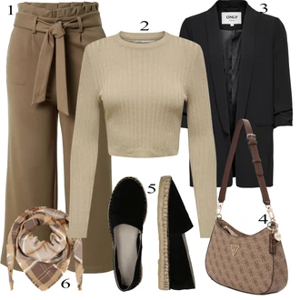 Kůže Outfit s Černá/Béžová Espadrille pantofle About You "Outfit na podzim"