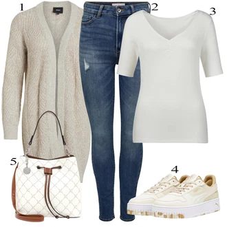 Outfit s Bílá/Khaki/Hnědá/Béžová Kardigan Kardigán s výstřihem do V/Zimní svetr/Svetr boucle/Svetr s podšívkou/Dlouhé Kardigany/Vlněný kardigán/Kašmírový kardigán Object "Outfit na podzim"