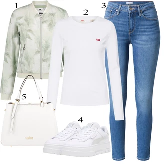 Dlouhé Outfit s Bílá Tričko s 3/4 rukávem/Jednoduchý top/Zkrácený Top/Pletené tričko/Dlouhá košile/Košilový top/Roláková Košile/Zavinovací Tričko levi's ® "Outfit na podzim"