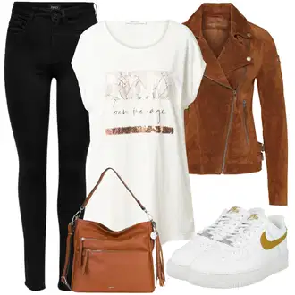 Outfit sa Crna/Tamnoplava Podstavljena Tajica/Tople Tajice/Neprozirna Tajica/Oblikovana Tajica/Sportska Tajica/Kožna Jakna/Tajice s Prorezom/Pletena Tajica/Pamučna Tajica Only "Jesenski outfiti"