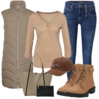 Outfit sa Smeđa/Bež/Kaki Dugi top/Košulja top/Duga košulja/Majica s 3/4 rukavima/Obični top/Ležerni topić Lascana "Jesenski Outfiti"