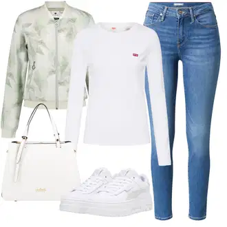 ľahký Outfit sa Bijela Zamotana Majica/Majica S Visokim Okovratnikom/Obični top/Majica s 3/4 rukavima/Majica i top/Košulja top/pletena košulja/Duga košulja/Skraćena Majica levi's ® "Jesenski Outfiti"