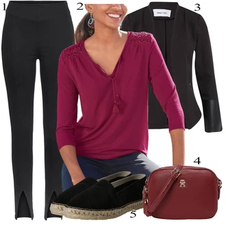 Kůže Outfit s Černá/Béžová Espadrille pantofle About You "Outfit na podzim"