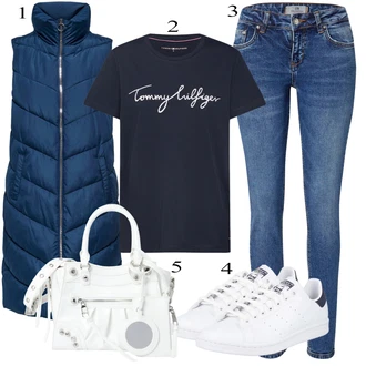 Stan Smith Outfit s Modrá/Světle modrá/Krémová/Tmavě modrá/Bílá Úzká teniska/Kožené tenisky/Nízká Teniska/Vintage teniska Adidas Originals "Outfit na podzim"