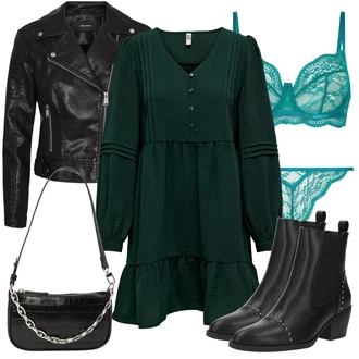 Outfit sa Zeleno/Tamnozelena Nicky Haljina/Dimljena Haljina/Bluza Haljina/Pletena Haljina/Haljina tunika/Haljina dugih rukava/Zimska haljina dugih rukava/Haljina od Samta/Jesenska Haljina JdY "Jesenski Outfiti"