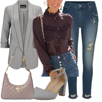 90-ich, Stil Outfit sa Smeđa/Ljubičasta/Pink Bluza s Podignutim Ovratnikom/Prozirna bluza/Kožna jakna Lascana "Jesenski Outfiti"Look: klasický, Stil, Steampunk, Western, Old Money, Sveučilišna, Preodjeven, Transparentan