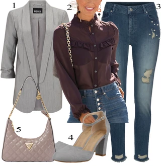 Zapínání na knoflíky Outfit s Fialová/Hnědá/Růžová Kožená bunda/Halenka se Stojatým Límcem/Průhledná blůza Lascana "Outfit na podzim"