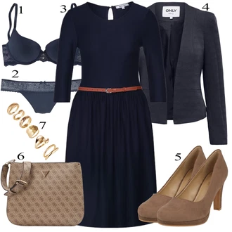 Outfit s Tmavě modrá Žerzejové Šaty/Midi Šaty/Občanské šaty/Společenské šaty pro hosta/Dlouhé pletené šaty/Šaty s Páskem/Šaty s 3/4 Rukávem About You "Outfit na podzim"