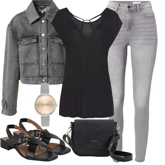 Outfit s Šedá/Světle šedá/Tmavě šedá Krátké Džínové Bundičky/Krátký Bund/Džínové Bund/Krátký Bund/Vintage Bund Global Funk "Lehký outfit"