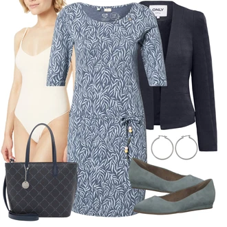 Zima Outfit s Šedá/Modrá Šaty s 3/4 Rukávem/Šaty s Kapsou/Občanské šaty/Bavlněné Šaty/Pletené Šaty/Pouzdrové Šaty/Žerzejové Šaty/Šaty s Předním Zipem/Džínové Šaty Ragwear "Letní květiny"