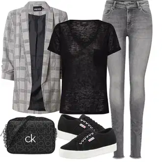 Outfity z džínu s Šedá/Béžová/Světle šedá Oblek Dlouhý Sako/Oversize Sako/Boyfriend Sako/Kostkované Sako Pieces "Letní květiny"