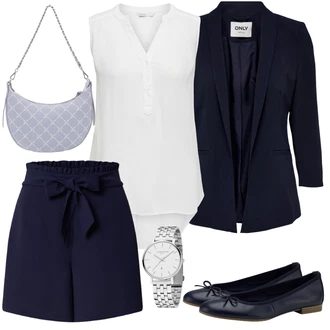 Nadrozměrné Outfit s Modrá/Tmavě modrá Košile Vysoký pas Kraťasy/Sieťový kraťas/Pytlovitý Šortky/Papírové Šortky/Šortky/Mušelínové Šortky About You "Letní oblečení"Look: Klasické, Cool, Námořní, Nadrozměrné, Preppy, Skromné, Sportovní, Unisex
