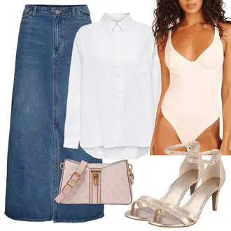 Outfit s Zlatý/Hnědá/Béžová Lodička S Páskem/Svatební Bota/Svatební bota/Sandál Na Podpatku/Bota Na Podpatku/Páskový Sandál/Přezková bota/Sandál s podpatkem/Sandál se třpytkami About You "Letní oblečení"