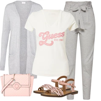 Cool Outfit s Šedá/Khaki/Světle šedá Kalhoty s Vysokým Pasem/Mrkvová Kalhoty/Paperbag Kalhoty/Boyfriend Kalhoty/Žerzejová Kalhoty/Ležérní Kalhoty/Teplák/Jogger Kalhoty VERO MODA "Letní oblečení"Look: Ležérní, Cool, Elegantní, Pro Dům, Old Money, Venkovní, Chytrý příležitostný, Univerzitní