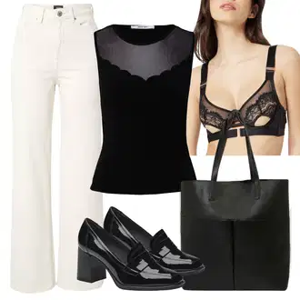Outfit s Bílá/Béžová/Krémová/Khaki Džín s Širokou Nohavicí/Džíny Culottes/High Waist Džínové Kalhoty/Vintage džíny/Džíny s Rozparkem/Zvonové Džíny/Mom Jean/Dad Džíny/Džíny Volného Střihu VERO MODA "Letní oblečení"