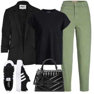 Outfit s Zelená/Khaki/Tmavě Zelená Mom Jean/Kotníková Bota/Zužující se Džíny/Zkrácené Džíny/Plisované Džíny/Dad Džíny/High Waist Džínové Kalhoty/Kožená Pánská Bund/Formální Košile/Dámské Džíny s Délkou 7/8/Capri Džíny jjxx "Letní oblečení"