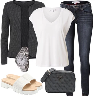 Outfity z džínu Mom Posilování s Krémová/Bílá Tričko/Jednoduchý top/Tričko s vodopádovým výstřihem/Muskulární Tričko/Košilový top/Tričko s krátkým rukávem/Krátký top/Tričko s grafikou/Pánské boty/Zavinovací Tričko Vila "Letní oblečení"Look: Rad, Emo, Disko, Univerzitní, Mom, Kancelář, Baseball, Aerobní, Posilování