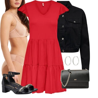 Outfit s Červená/Tmavě červená Jednobarevné/Volánové šaty/Žerzejové Šaty/Šaty s Kapsou/Šaty Fit & Flare/Bavlněné Šaty/Skater šaty/Ležérní Šaty Only "Letní oblečení"