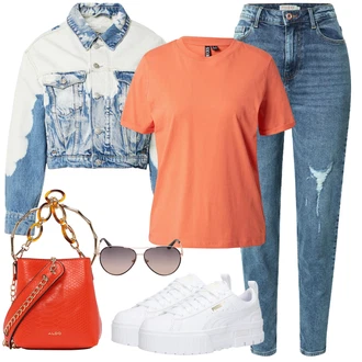 Moderní Outfit s Bílá/Světle modrá/Krémová Krátký Bund/Krátký Bund/Džínové Bund/Krátké Džínové Bundičky/Vintage Bund Only "Letní oblečení"Look: 90tá léta, Cool, Moderní, Krásný, Venkovní, Univerzitní, Retro