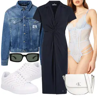 Outfit s Tmavě modrá Košilové šaty/Občanské šaty/Společenské šaty pro hosta/Kancelářské šaty/Zavinovací Šaty/Šaty s Vodopádovým Výstřihem Tommy Hilfiger "Letní oblečení"