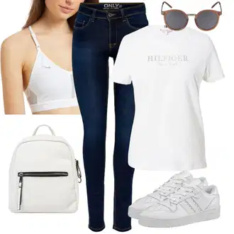 Outfity z džínu Rovná noha s Bílá/Stříbrný/Tmavě zelená Těhotenské tričko/Sportovní tričko/Fancy tričko/Tričko s nápisem/Funkční tričko/Neformální tričko/Tričko s krátkým rukávem Tommy Hilfiger "Letní oblečení"