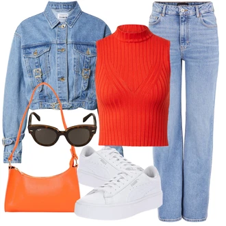 Outfit s Světle modrá/Modrá Džín s Širokou Nohavicí/Mom Jean/Vintage džíny/Zvonové Džíny/Pánské tričko/Dad Džíny/High Waist Džínové Kalhoty/Džíny Volného Střihu/Formální Košile/Džíny s Rozparkem Pieces "Letní oblečení"