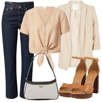 S Mašlí Outfit s Béžová/Hnědá/Khaki Halenka a Tunika/Halenka Móda Pro Plnoštíhlou/Pletenina veľkej veľkosti/Tričko & Top Móda Pro Plnoštíhlé Vila "Letní oblečení"