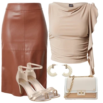 Kůže Outfit s Zlatý/Hnědá/Béžová Lodička S Páskem/Svatební Bota/Svatební bota/Sandál Na Podpatku/Bota Na Podpatku/Páskový Sandál/Přezková bota/Sandál s podpatkem/Sandál se třpytkami About You "Letní vzhled na večírky"