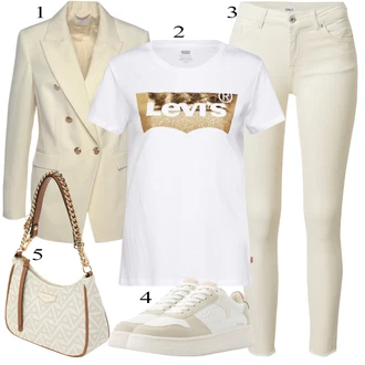 outfit mit Bež/Bela/Khaki Usnjena Jakna/Motoristične Kavbojke/Kavbojke z Razporkom/Kavbojka z Nizkim Pasom/Kavbojka z Nizkim Pasom/Push up Kavbojke/Ozke Kavbojke/Usnjene Čevlje/Termodžinsi Only "poletni videz"