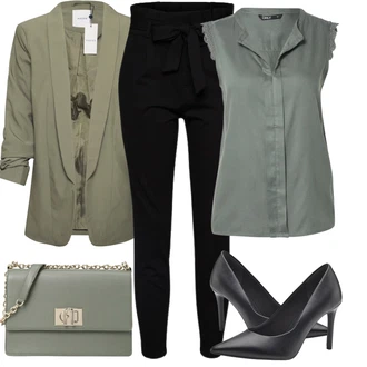 Outfit sa Crna Hlača sa Stremenom/Hlače Visokog Struka/Paperbag Hlača/Pletena Tajica VERO MODA "Ležerni poslovni outfit"