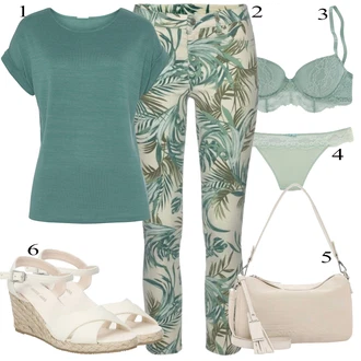 Outfit s Tmavě Zelená/Zelená/Tyrkysový Capri Džíny/Navlékací džíny/Džíny s Rozparkem/Sweat Džíny/Zkrácené Džíny/Dámské Džíny s Délkou 7/8/Kotníková Bota/Slim Fit Džíny/Kožené Boty/Kožená bunda Lascana "Outfit na léto"