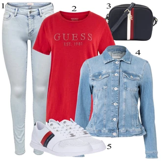 Outfit s Šedá/Červená/Bílá/Krémová/Tmavě červená Nízká Teniska/Úzká Teniska/Vintage Teniska/Kožené Tenisky/Letní Tenisky/Volnočasová bota/Zdravotní bota Tommy Hilfiger "Outfit na léto"