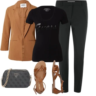 Victoria Outfit s Černá/Tmavě šedá Strečová Kalhoty/Obleková Kalhoty/Business Kalhoty/Skinny Kalhoty/Úzká Kalhoty VERO MODA "Módní letní vzhled"