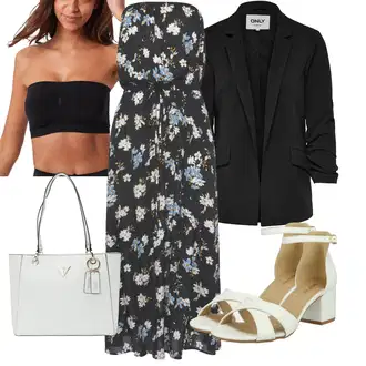 Outfity na zahradní párty Svatební host s Pastelové barvy/Modrá Šaty Bez Ramínka/Plážové Šaty/Šaty S Potiskem/Dlouhé Letní Šaty/Maxi Šaty/Zavinovací Šaty Lascana, Hnědá/Bílá/Krémová Sandál Na Podpatku/Sandál s podpatkem/Sandál Na Širokém Podpatku About You "Outfit na léto"