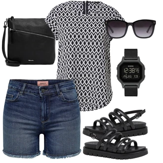 Outfit s Červená/Tmavě modrá/Černá Halenka se Stojatým Límcem/Halenka s Krátkým Rukávem/Halenka s Potiskem/Tunikové Tričko/Tunika s Krátkým Rukávem/Vzorovaná Halenka Only "Outfit na léto"