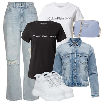 Outfity pro léto s Světle modrá/Modrá Džíny s Rozparkem/Baggy Džíny/Zkrácené Džíny/Džíny Culottes/Kožené bundy/Džíny s Dírou/Džíny Volného Střihu/Boyfriend Džínové kalhoty Buffalo "Outfit na léto"