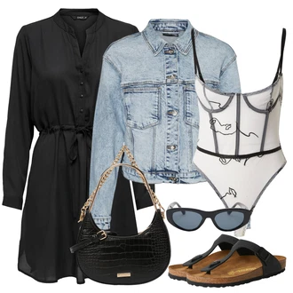 Outfity pro 18. narozeniny Host s Černá/Šedá/Tmavě šedá Košilové šaty/Tunikové šaty/Halenkové Šaty Only, Světle modrá/Modrá Krátké Džínové Bundičky/Džínové Bund/Vintage Bund VERO MODA, Šedá/Bílá/Světle šedá Korzet/Síťovaný body/Tvarující tělo/Korselet/Tělo bez kostic/Body s Kosticí Nasty Gal, Černá/Béžová Pohodlný Sandál/Sandály na hřídeli/Letní Bota/Sandál Dianette/Sandál S T Páskem Birkenstock "Outfit na léto"