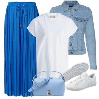 Outfit s Modrá Široká Kalhoty/Plážová Kalhoty/Palazzo Kalhoty/Plisovaná Kalhoty/Plisovaná kalhoty/Slinky Kalhoty About You "Outfit na léto"