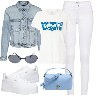 Moderní Outfit s Bílá/Hnědá/Černá Džín s Širokou Nohavicí/Dámské Džíny s Délkou 7/8/Zvonové Džíny/Zkrácené Džíny/Formální Košile/Džíny Culottes/Plisované Džíny Only "Outfit na léto"Look: Styl, Cool, Francouzské, Italský, Námořní, Moderní, Mom, Krásný, Španělské, Western, Old Money, 70tá léta