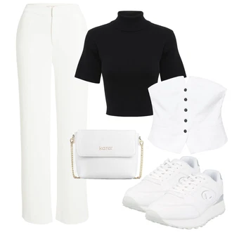 Moderní Outfit s Černá Roláková Košile/Krátký Top/Zkrácený Top/Pletený top tussah "Outfit na léto"Look: Techno, Disko, Krásný, Moderní, Bezešvé