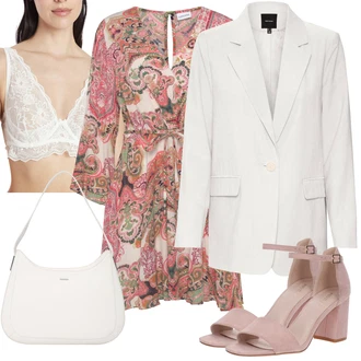 Outfity pro 18. narozeniny Host s Krémová/Béžová/Růžová/Bílá Bezdrátová podprsenka/Bralette/Krajková podprsenka/Měkká podprsenka/Podprsenka s kosticemi lingadore, Růžová Košilové šaty/Halenkové Šaty/Tunikové šaty/Šaty S Potiskem/Zavinovací Šaty/Šaty s Páskem Lascana, Růžová/Fialová/Hnědá Sandál Na Podpatku/Římská sandála/Sandál S T Páskem/Sandál s podpatkem/Letní Bota/Uzavřený Sandál/Přezková bota/Sandály na hřídeli/Sandál Na Širokém Podpatku About You "Outfit na léto"