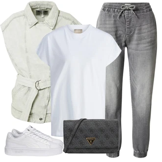 Džínovina Outfit s Šedá/Tmavě šedá/Světle šedá Boyfriend Džínové kalhoty/Zužující se Džíny/Termální Džíny/Pánské tričko/Kožená bunda/Dad Džíny/Sweat Džíny/Mom Jean/Girlfriend Džíny/Formální Košile Only "Outfit na léto"