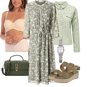 Outfity pro křest Léto s Zelená/Světle zelená Košilová bunda/Jacquard Bund/Blůzová Bunda/Letní Bund Only, Béžová Formující Kalhotky/Shapewear klouž/Spodní kalhotky/Klasické kalhotky/Slip S Nízkým Pasem/Průhledná kalhotka MAGIC Bodyfashion, Tmavě zelená/Béžová/Khaki Letní Bota/Espadrille sandál/Espadrilka na Podpatku/Espadrilka s klínovým podpatkem About You "Outfit na Léto"