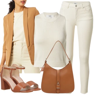 Outfity z džínu Vysoké Podpatky s Hnědá/Oranžová Sandál Na Podpatku/Sandál Na Širokém Podpatku/Sandál s podpatkem About You "Outfit na léto"