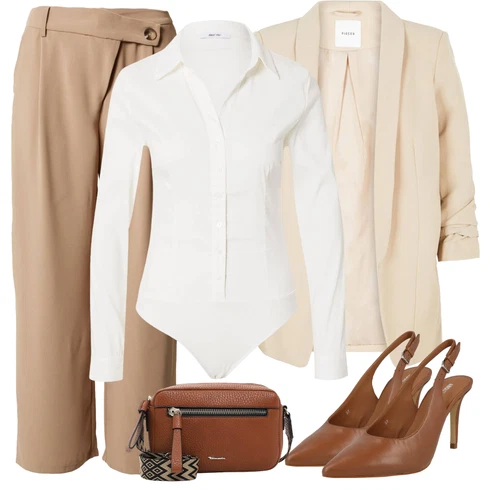 Kombinace Hnědá/Béžová/Khaki Plisovaná kalhoty/Široká Kalhoty/Mušelínové kalhoty/Palazzo Kalhoty/Paperbag Kalhoty About You kombinovat s Bílá/Krémová Halenka Halenkové Body About You