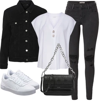 Elegantní Outfit s Bílá/Krémová Kožená bunda pro muže/Tunikové Tričko/Blůza s knoflíčkem/Halenka s Krátkým Rukávem/Bezrukávní blůza/Klasická tunika Lascana "Outfit na léto"Look: Lehký, Styl, Elegantní, Námořní, Kancelář, S průsvitem