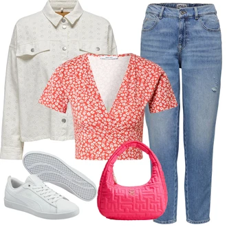 Outfit s Růžová/Červená Zkrácený Top/Halenek top/Košilový top/Krátký top/Top Na Party/Krátký Top About You "Outfit na léto"
