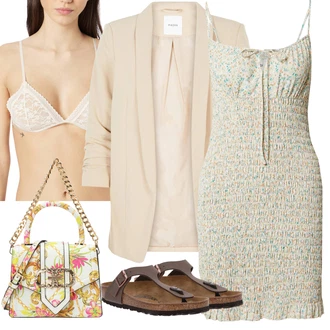 Outfity pro 18. narozeniny Host s Béžová/Khaki Nezařazené Pieces, Světle zelená/Bílá/Zelená/Světle modrá/Tyrkysový Třpytivé Šaty/Tvidové šaty about you x laura giurcanu, Béžová/Hnědá/Tmavě hnědá Žabka/Pohodlný Sandál/Římská sandála/Sandály na hřídeli/Sandál Dianette/Sandál S T Páskem Birkenstock "Outfit na léto"