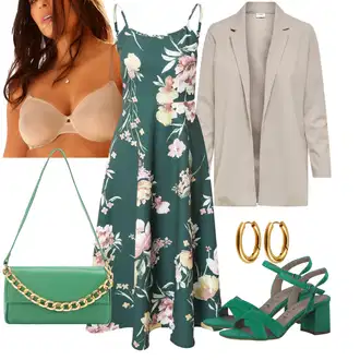 Outfit s Zelená/Růžová/Tmavě zelená Šaty Bez Rukávů/Letní Šaty/Vintage šaty/Midi Šaty/Šaty S Potiskem/Šaty Fit & Flare/Šaty Do Áčka About You "Outfit na léto"