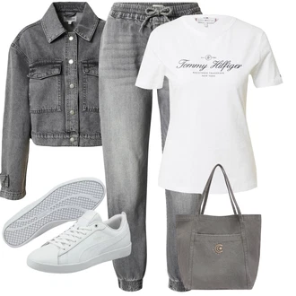 Džínovina Outfit s Šedá/Tmavě šedá/Světle šedá Boyfriend Džínové kalhoty/Zužující se Džíny/Termální Džíny/Pánské tričko/Kožená bunda/Dad Džíny/Sweat Džíny/Mom Jean/Girlfriend Džíny/Formální Košile Only "Outfit na léto"